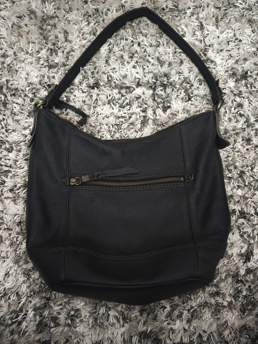 The Sak Black Genuine Leather Hobo Shoulder Bag Pebbled Leather Brass Boho